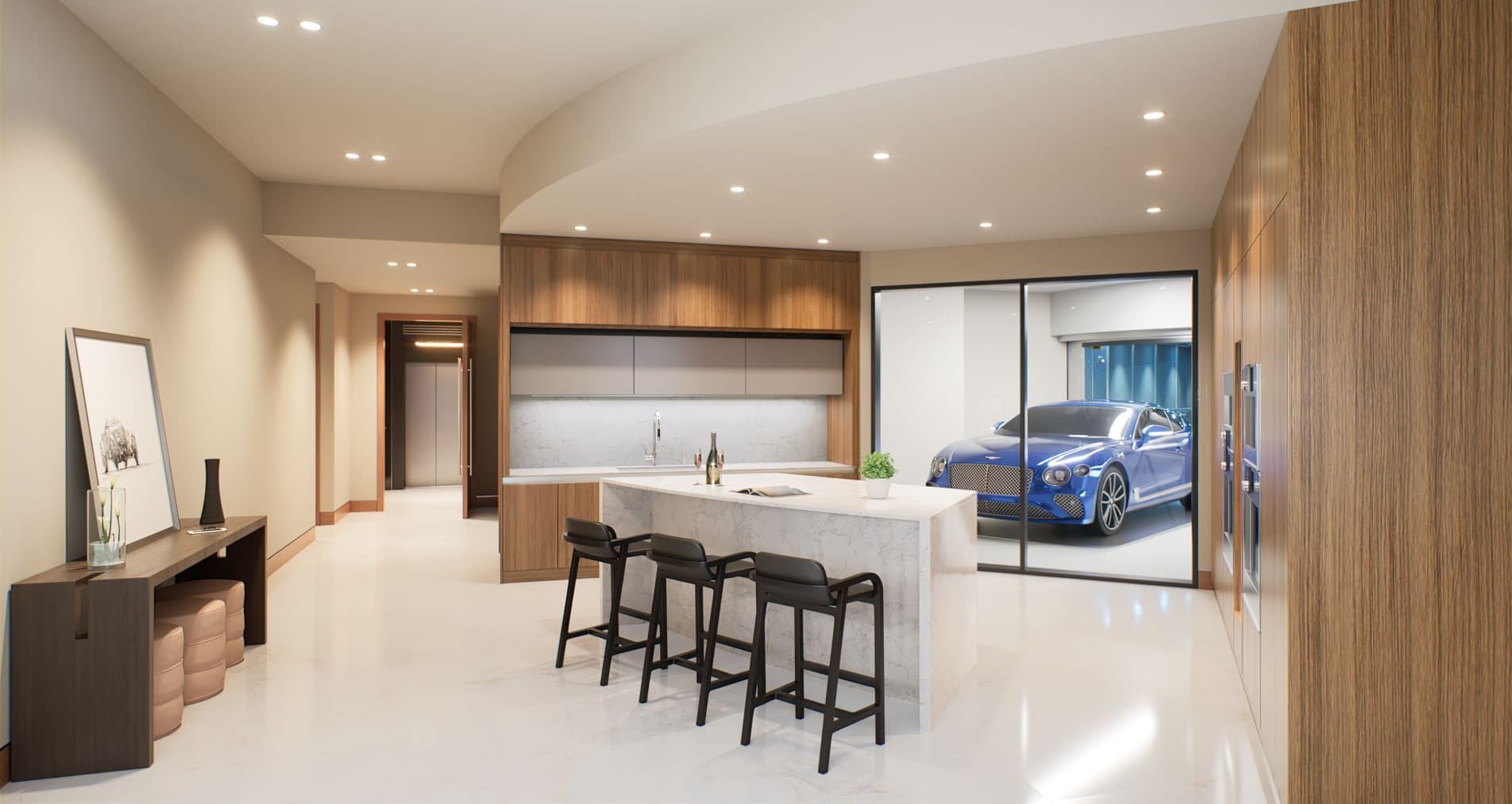 A Bentley parked in the in-unit sky garage, seen from the residence kitchen