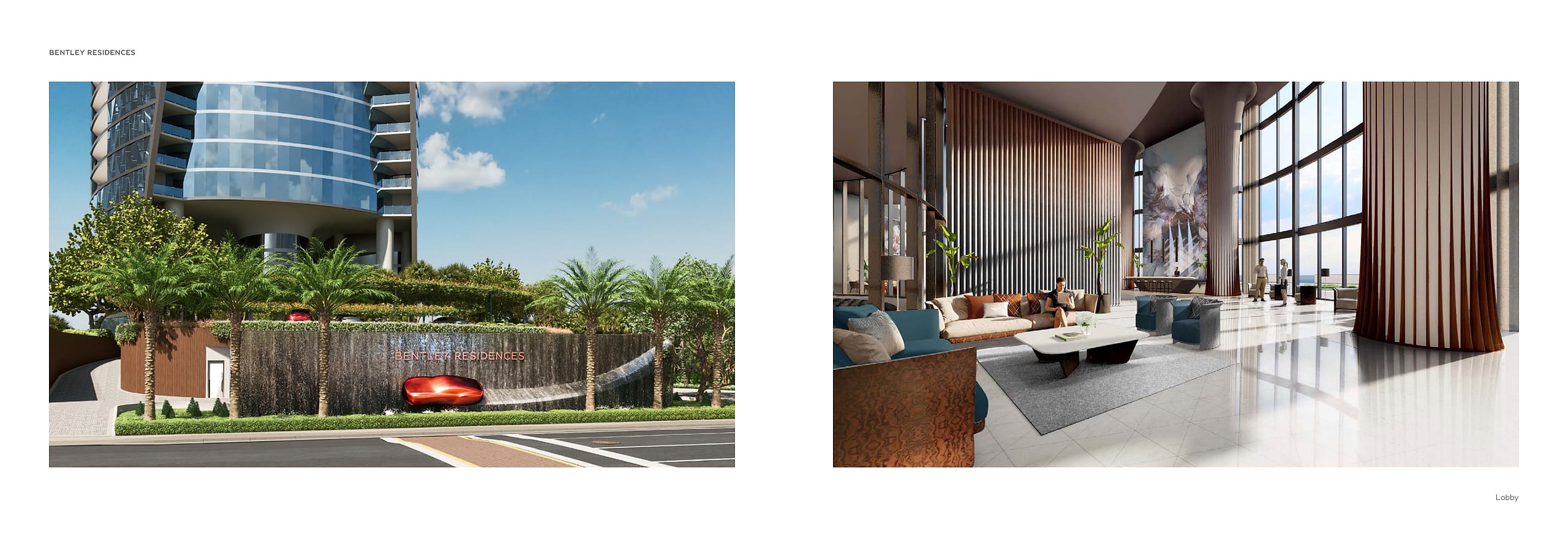 Bentley Residences arrival — the sculpted car at the porte cochère