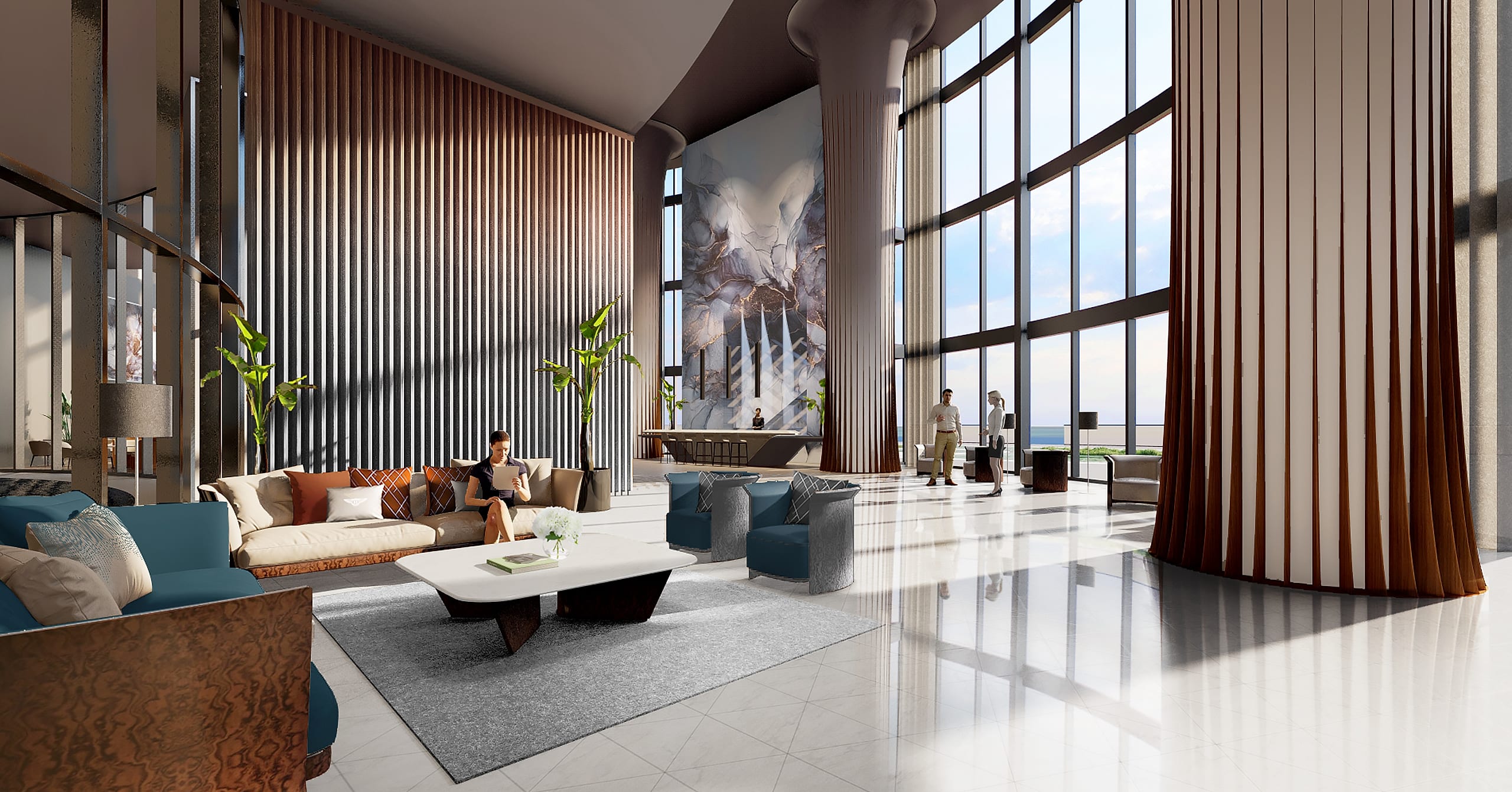 The grand atrium lobby at Bentley Residences